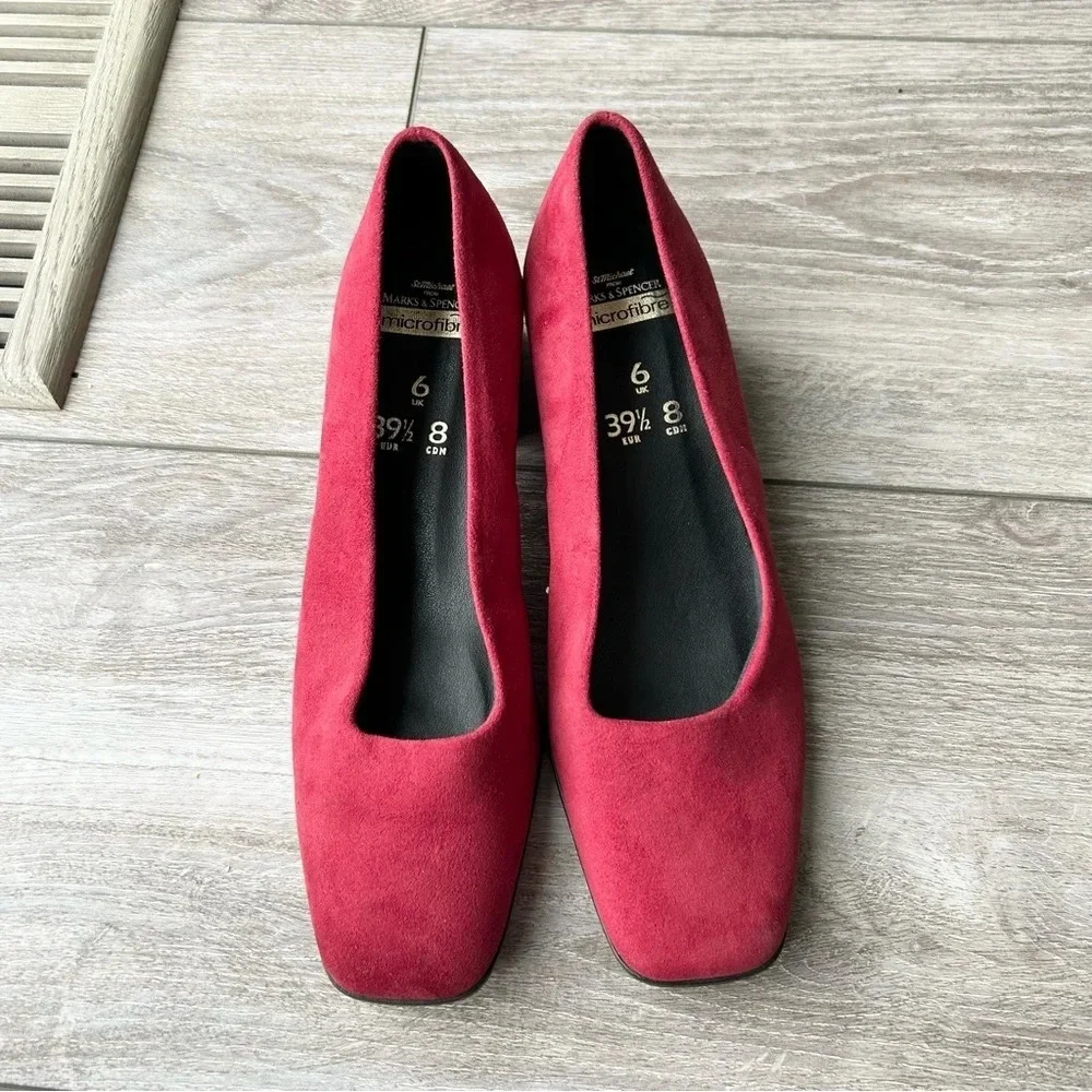 St. Michael Red Faux Suede Square Toe Block Heel Pumps - Picture 1 of 13